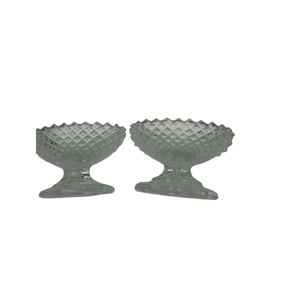 Vintage Clear Pressed Glass Diamond Point Open Salt Cellars Pedestal Set of 2 - Picture 2 of 6